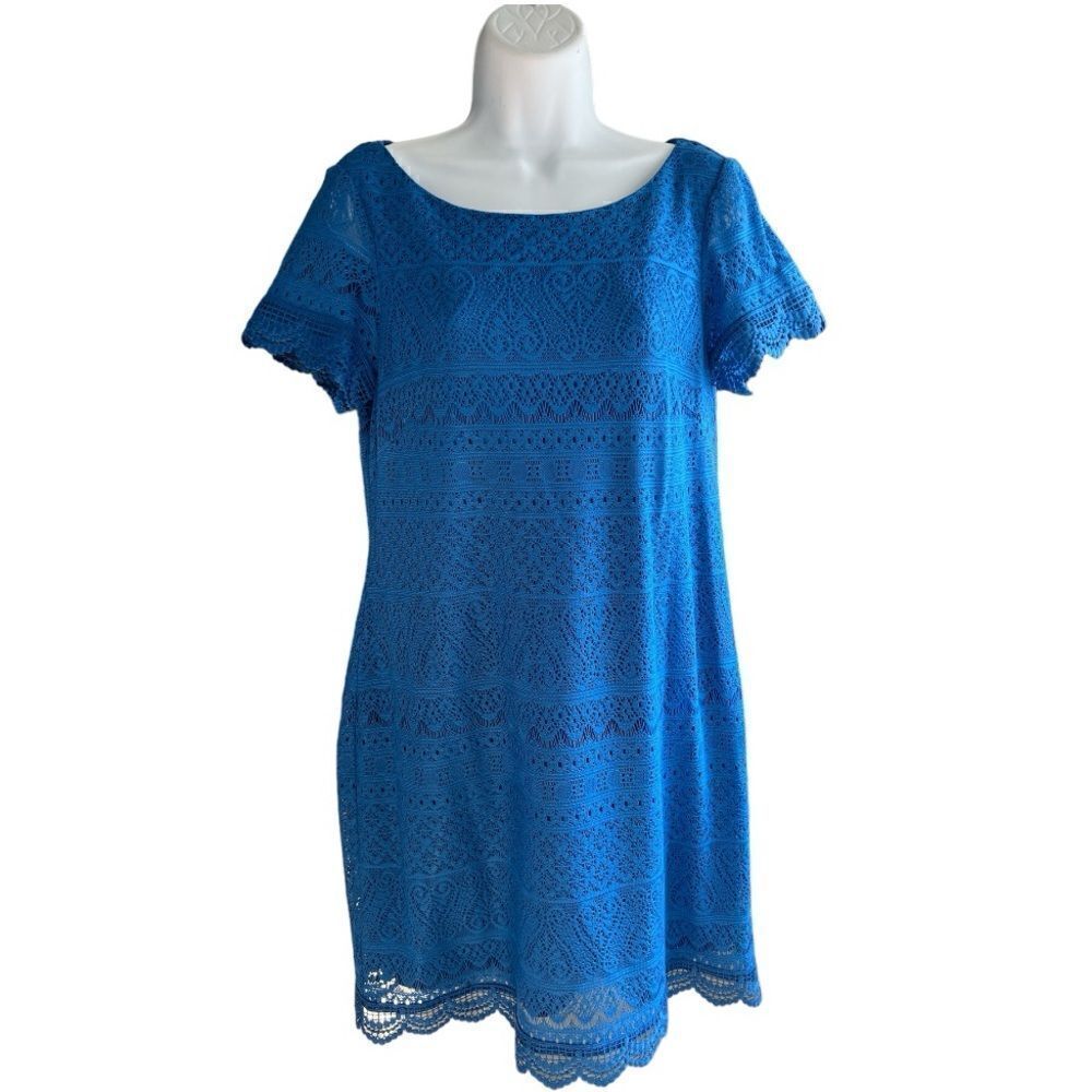 LONDON TIMES Lace Sheath Dress Blue, Short Sleeve Round Neck Size 10